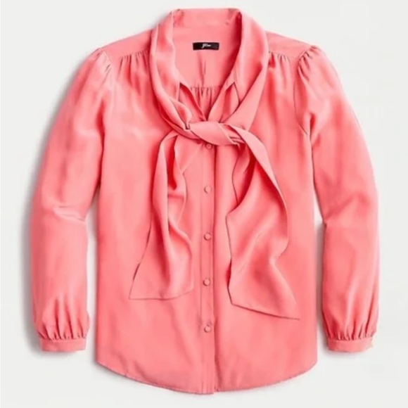 J. Crew tie-neck blouse in Re-Imagined Silk in bright coral - Picture 1 of 5